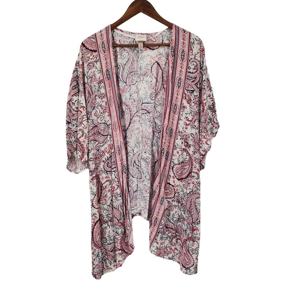 Knox Rose Womens Short Sleeve Paisley Print Open Front Cardigan Kimono XS Boho